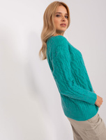 Hurt Turkusowy sweter z warkoczami i okrągłym dekoltem