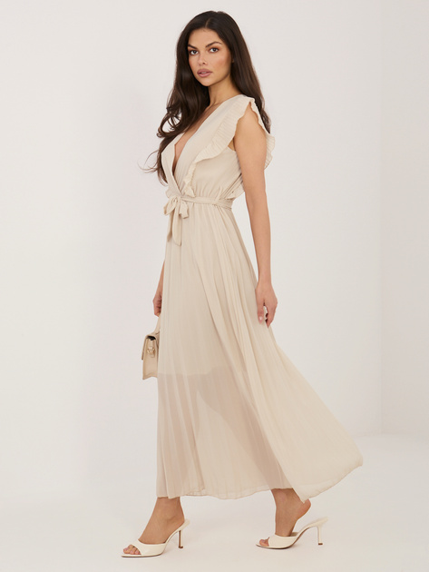 Beżowa rozkloszowana sukienka bez rękawów RUE PARIS