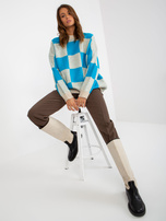 Hurt Niebiesko-beżowy damski sweter oversize w kratę