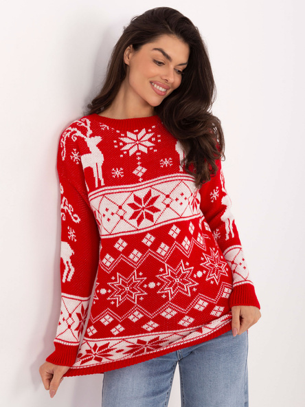 Czerwony długi sweter w renifery