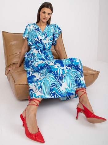 Biało-niebieska sukienka maxi z printami i kopertowym dekoltem