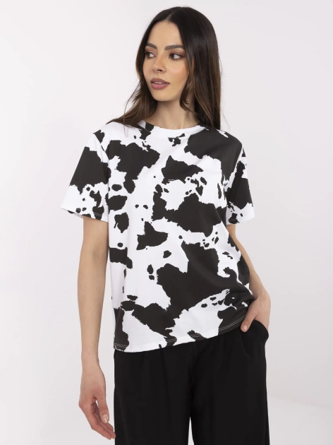 Czarno-biały bawełniany t-shirt w krowi wzór