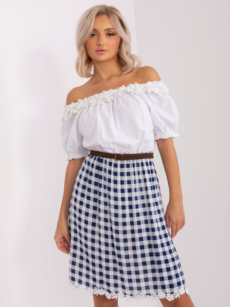 Hurt Ecru-granatowa sukienka hiszpanka w kratę