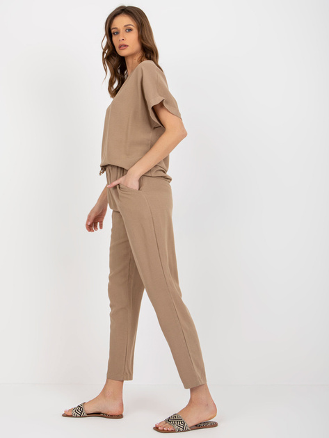 Hurt Ciemnobeżowy damski komplet letni z lnem RUE PARIS