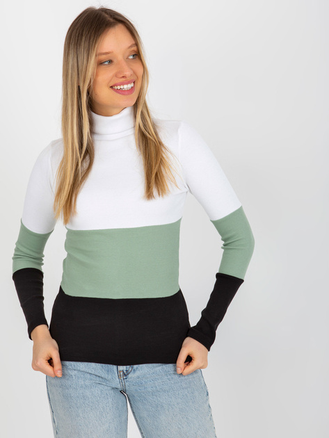 Hurt Ecru-pistacjowa damska prążkowana bluzka basic z golfem