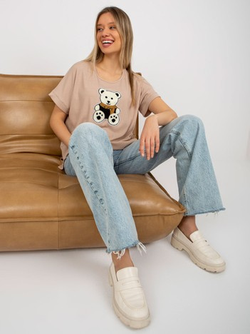 Wholesale Beige Striped Oversized T-shirt with a Bear