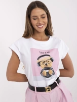 Biało-różowy damski t-shirt z dżetami 