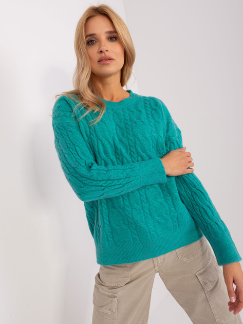Hurt Turkusowy sweter z warkoczami i okrągłym dekoltem