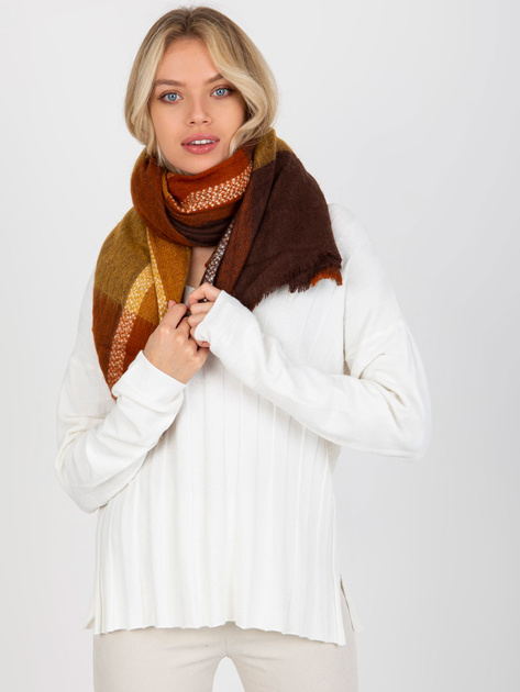 Hurtownia online Brązowo-żółty duży szal w kratę z wełną