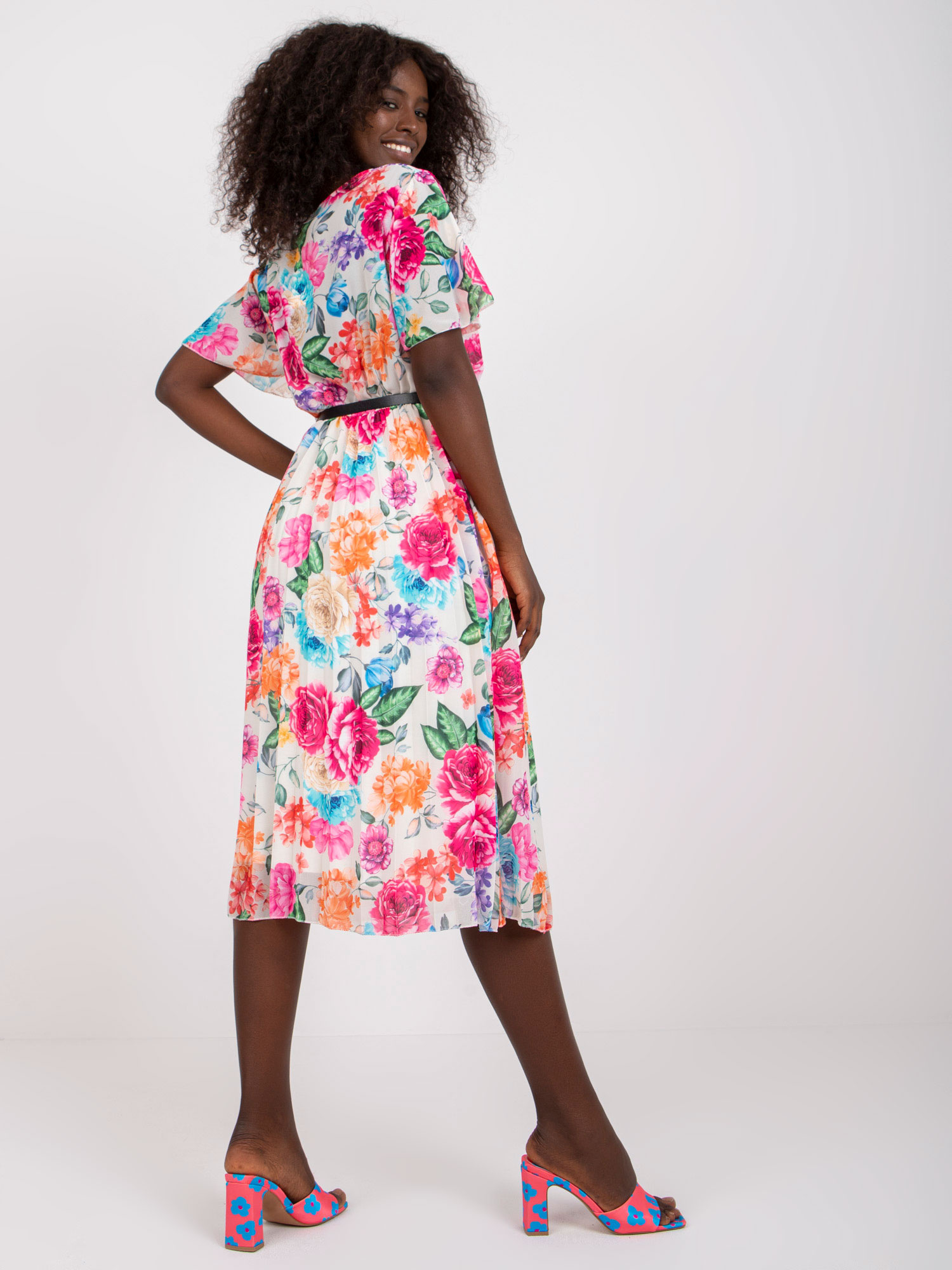 Light beige dress with floral print and belt