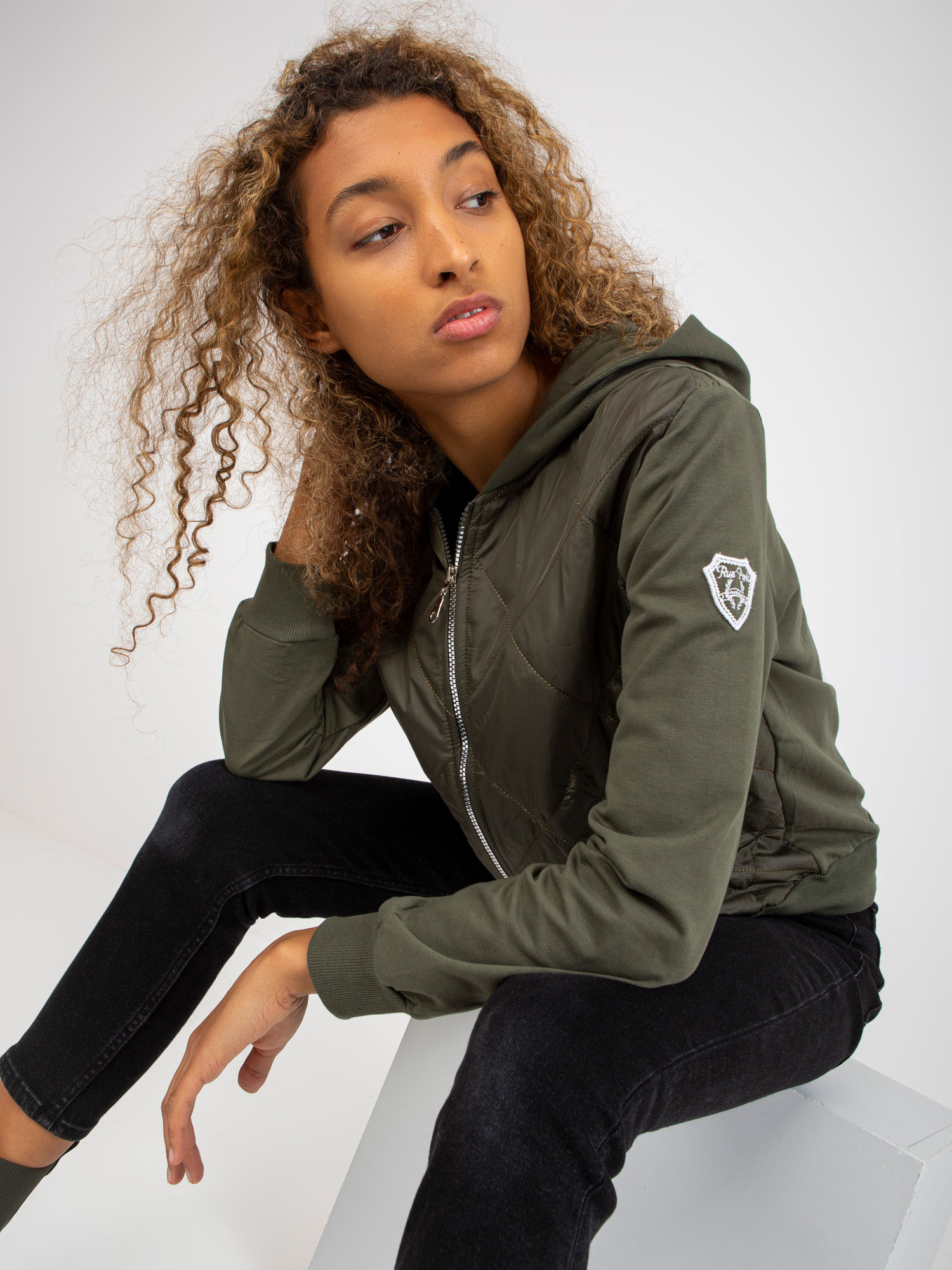 Khaki pikowana bluza bomberka z kapturem RUE PARIS