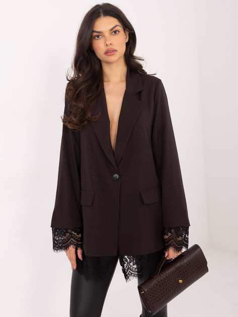 Brązowo-czarna elegancka marynarka z koronką