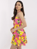 Różowo-żółta mini sukienka z elastycznym marszczeniem