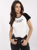 Ecru-czarny damski t-shirt z bawełny 