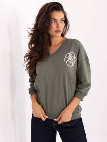 Khaki bawełniana bluzka z dekoltem V