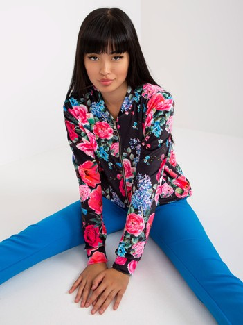 Hurt Czarno-różowa welurowa bluza bomberka w kwiaty RUE PARIS