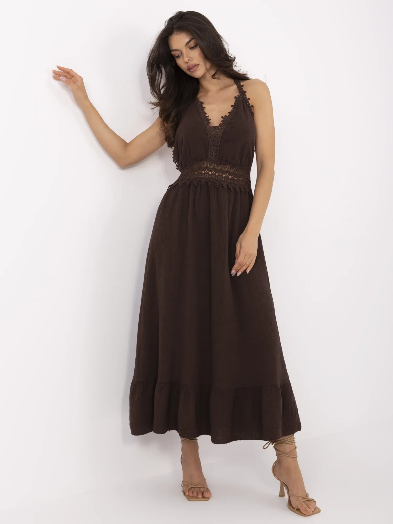Dark brown long muslin dress.