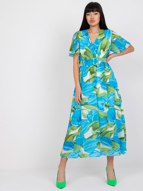 Niebiesko-zielona kopertowa sukienka z printami i krótkim rękawem