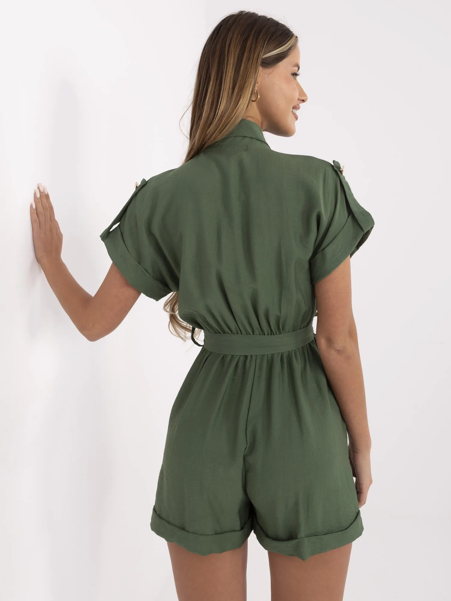 Khaki summer jumpsuit with buttons.