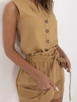 Beżowy letni komplet z szortami paper bag RUE PARIS 