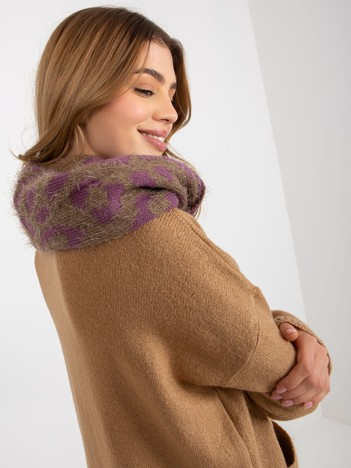 Hurt Dark beige-purple winter scarf with patterns.