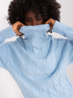 Hurt light blue women's turtleneck sweater with braids.