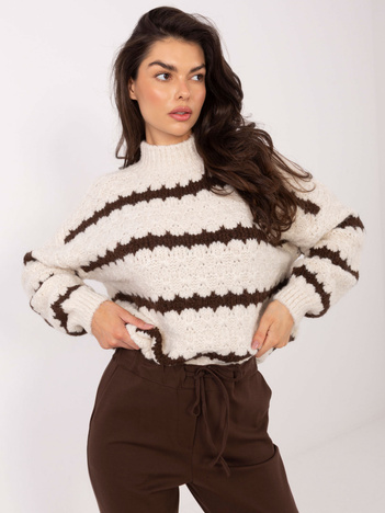 Ecru-brązowy damski sweter oversize z półgolfem