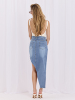 Modra midi jeans krilca z visokim pasom.