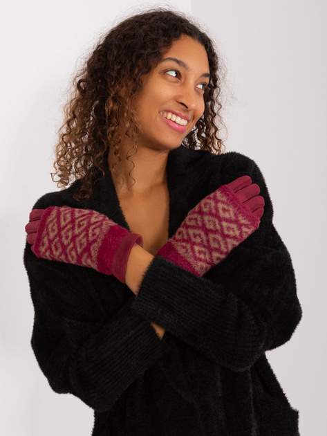 Hurtownia Bordowe ciepłe rękawiczki we wzory