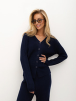 Navy sweater set with a cardigan.