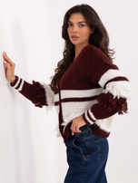 Bordeaux-ecru offen geschnittener Pullover mit Wolle.