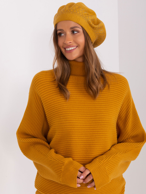 Hurtownia Musztardowy damski beret z aplikacjami