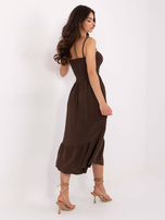 Dark brown muslin dress with buttons.