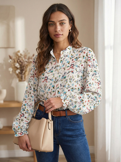 Biało-niebieska damska koszula z bufiastym rękawem