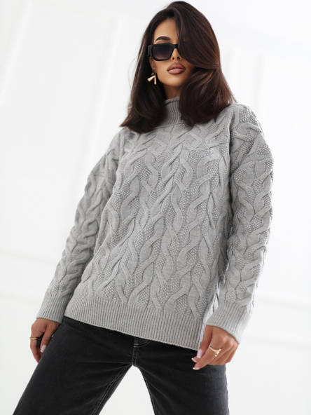 Großhandel Grauer Damenstrickpullover mit Zopf.