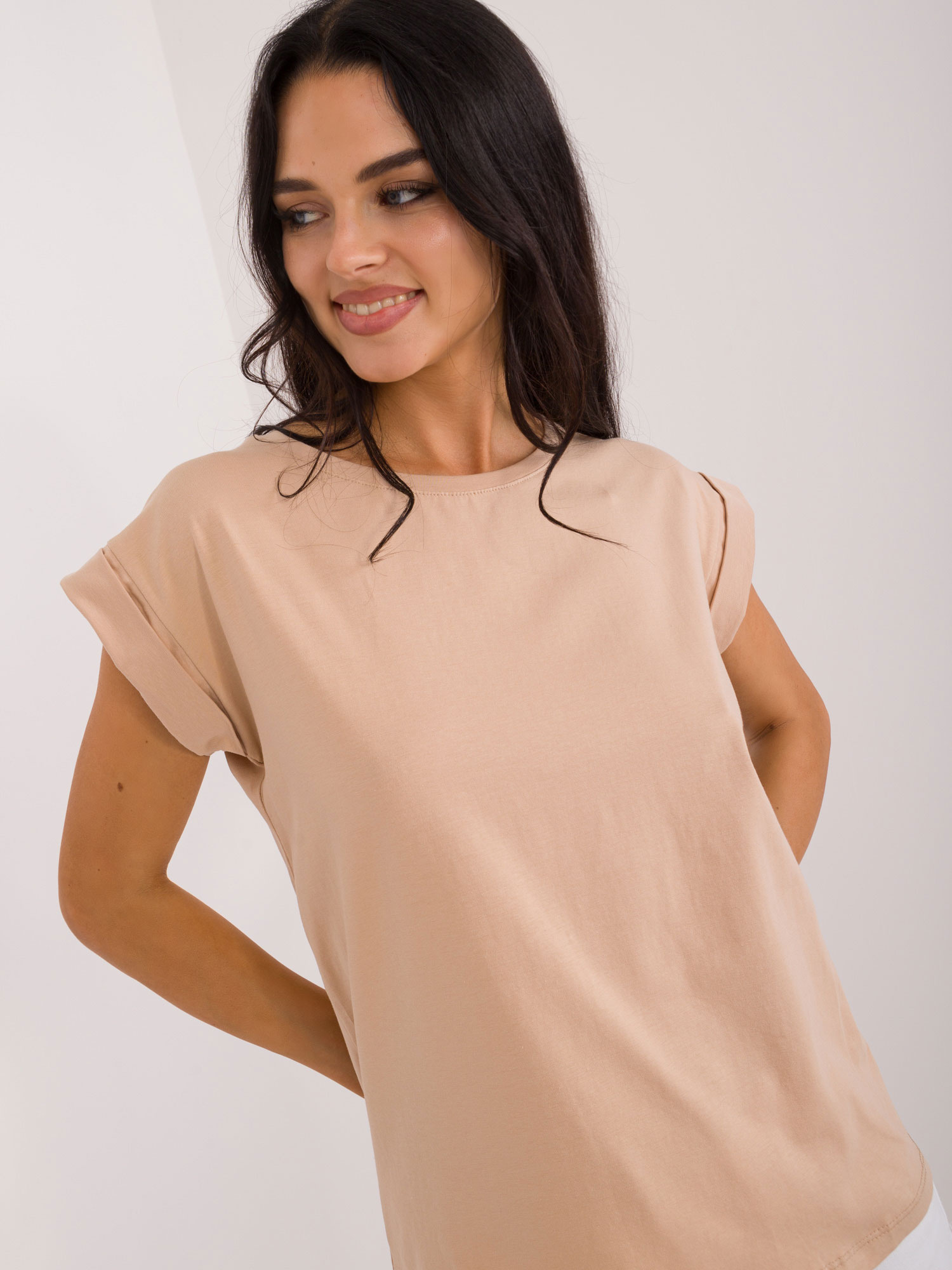 Hurt Camelowy t-shirt z okrągłym dekoltem BASIC FEEL GOOD