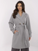 White-dark gray double-breasted coat with pockets.
