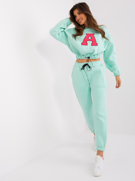 Hurt Miętowo-fluo różowy komplet dresowy z literą A