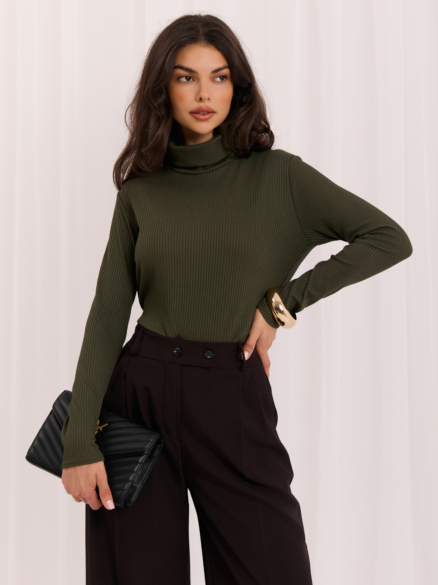 Khaki damski bluzka basic w prążki 