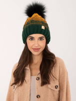 Hurt Ciemnozielono-musztardowa czapka z pomponem RUE PARIS