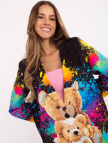 Hurt Czarna damska marynarka z kolorowym nadrukiem