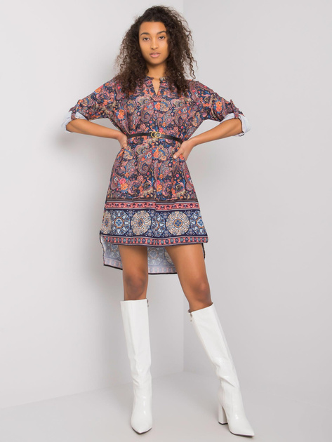 Granatowa wzorzysta sukienka z paskiem Moara