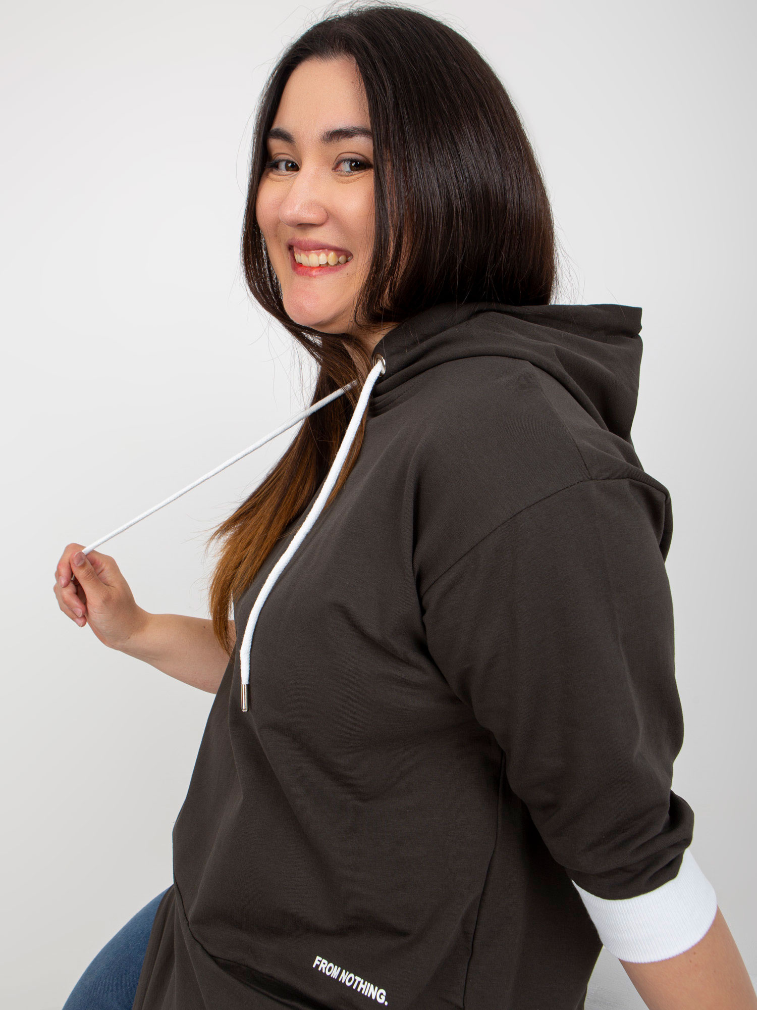 Khaki bawełniana bluza plus size z rękawem 3/4