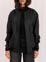 Schwarze Lederjacke mit samtiger Fütterung.