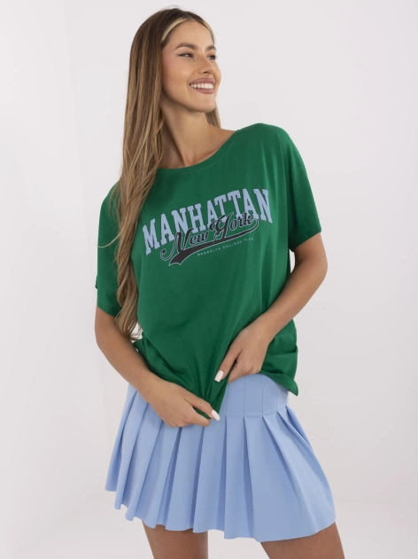Zielony bawełniany t-shirt z napisem Manhattan