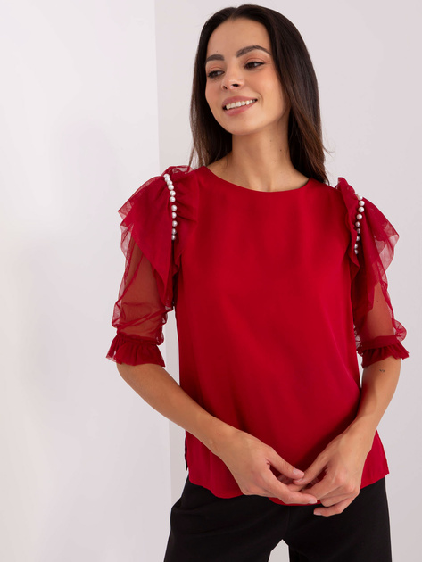 Hurt Bordowa bluzka wizytowa z rękawami z siateczki