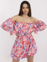 Red-blue off-the-shoulder dress with puff sleeves.