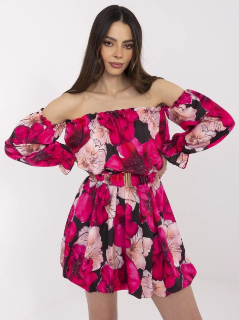 Czarno-różowa mini sukienka hiszpanka w kwiaty