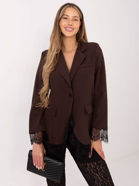 Brązowa marynarka z koronkowym wykończeniem