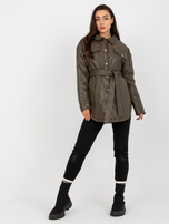 Hurtownia Khaki puchowa kurtka z ekoskóry z kieszeniami 